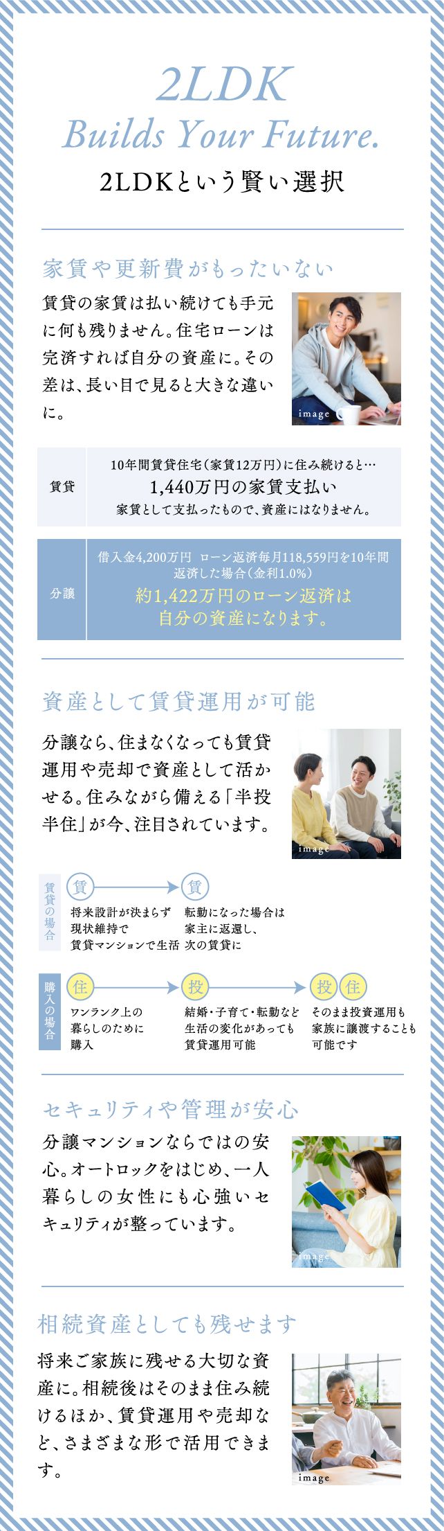 2LDKという賢い選択　2LDK Builds Your Future.「セキュリティや管理が安心」「相続資産としても残せます」「資産として賃貸運用が可能」「家賃や更新費がもったいない」
